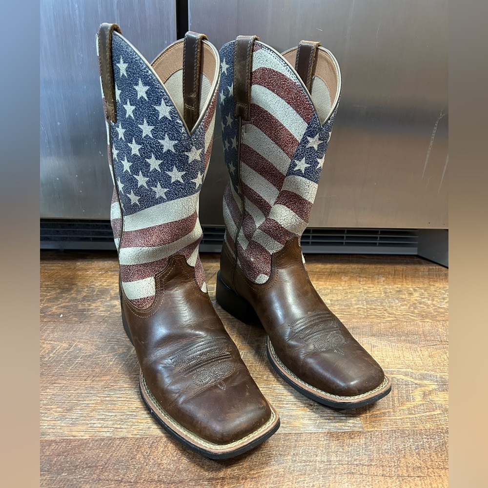 Ariat Brown and Red Ankle Boots with American Flag Design